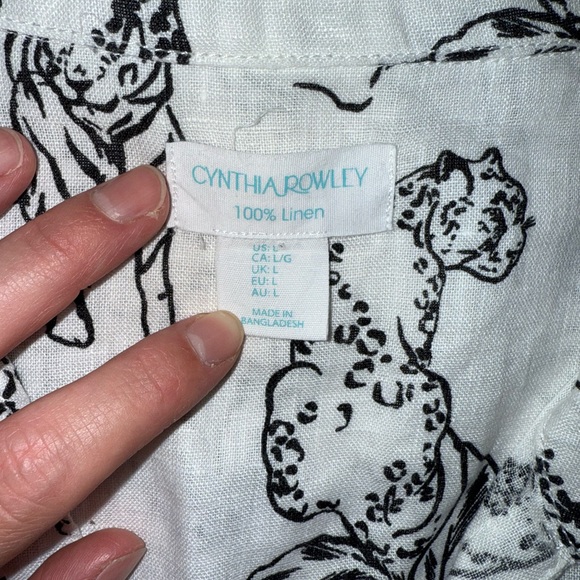 Cynthia Rowley button down 100% linen white top tiger print roll tab sleeve - Picture 4 of 4